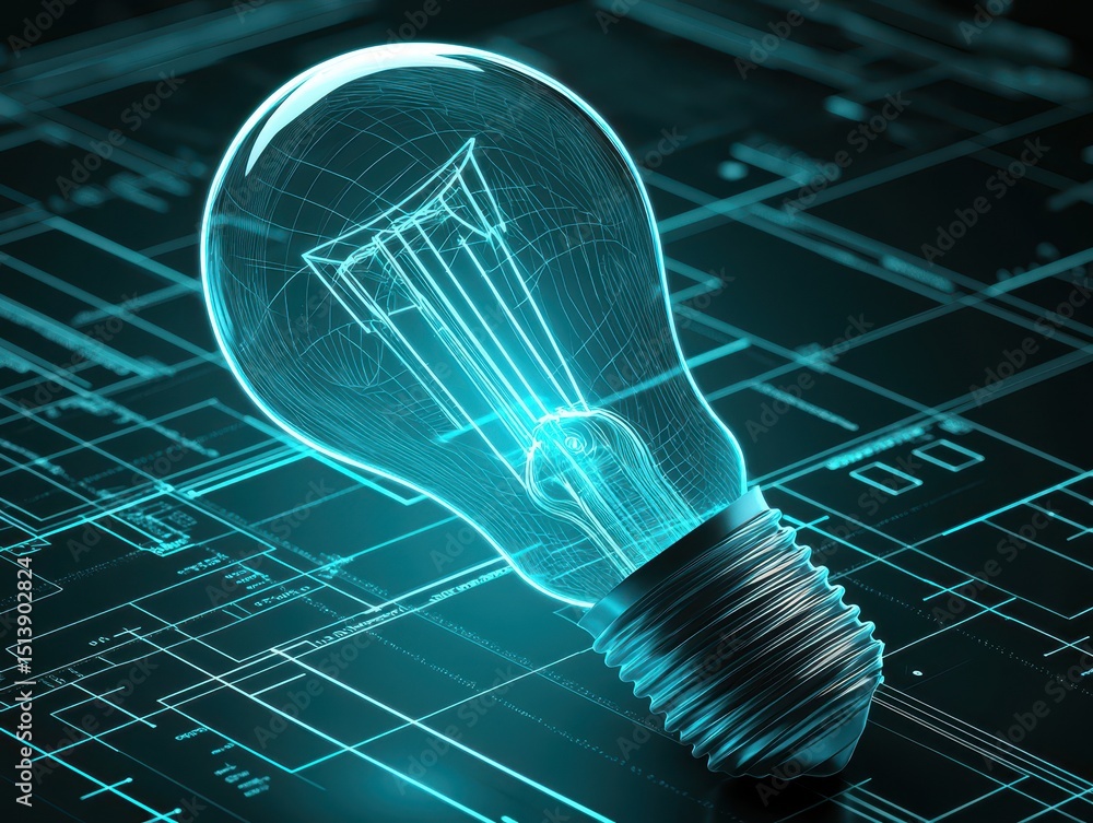 Poster business bright idea concept. 3d rendered light bulb with a digital blueprint background.