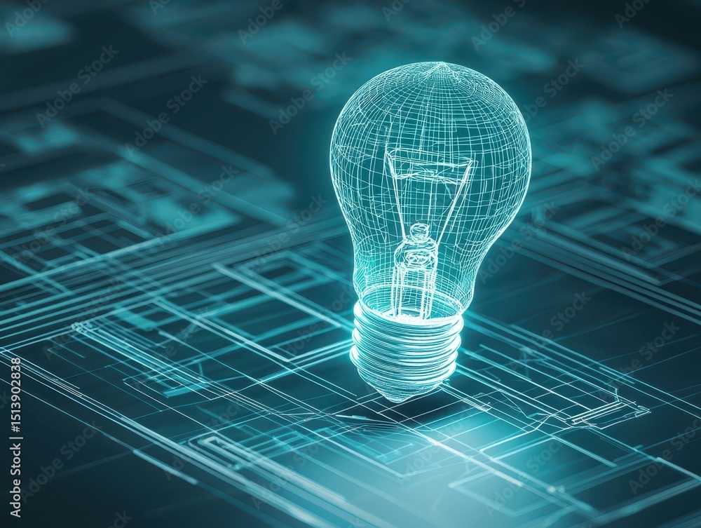 Poster business bright idea concept. 3d wireframe light bulb over digital blueprint background representing