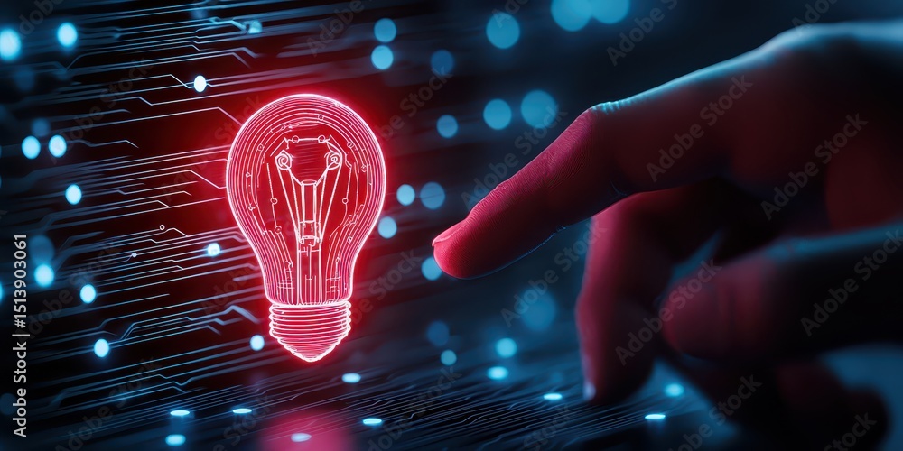 Poster business bright idea concept. illuminated light bulb graphic with a hand interacting, symbolizing in