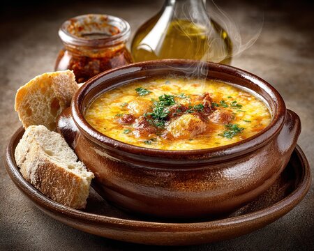 Chickpea soup with garlic and cumin in a ceramic bowl, served with torn bread and spicy condiments