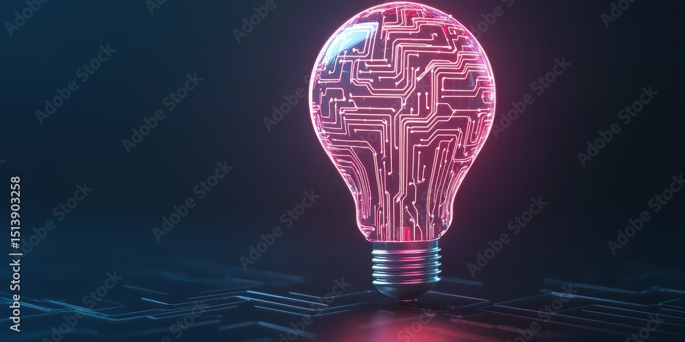Poster business bright idea concept. Light bulb with circuit patterns, symbolizing innovation and technology.