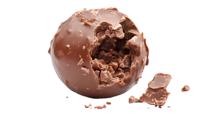 Close up of a single bitten chocolate ball with a piece broken off   isolated on transparent background