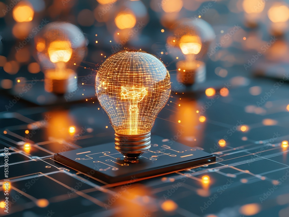Poster business bright idea concept. illuminated light bulb on a circuit board with glowing elements, symbo