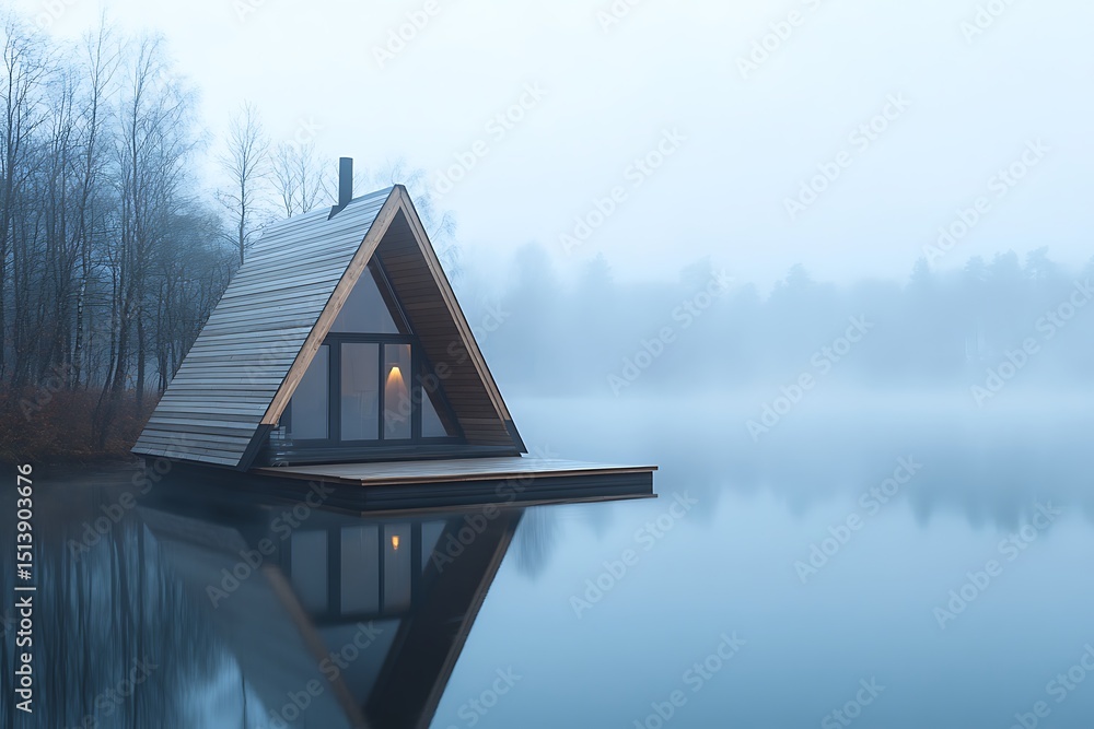 Aufkleber a minimalistic tiny a-frame cabin on a floating dock, misty lake background
