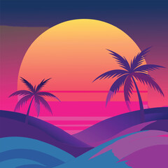 Naklejka premium Retro Futuristic Sunset – 80s Vaporwave Palm Tree Landscape Art, 