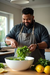 A plus-size black man is tossing a green salad in a large bowl on a kitchen island with fresh herbs and lemon slices nearby. The kitchen is modern and bright