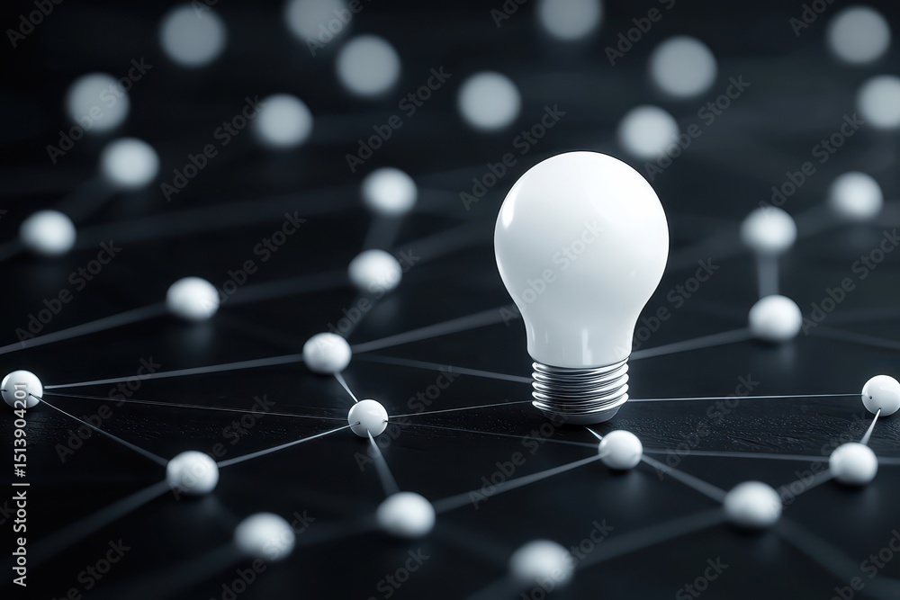 Poster business bright idea concept. light bulb surrounded by a network of connections on a dark background