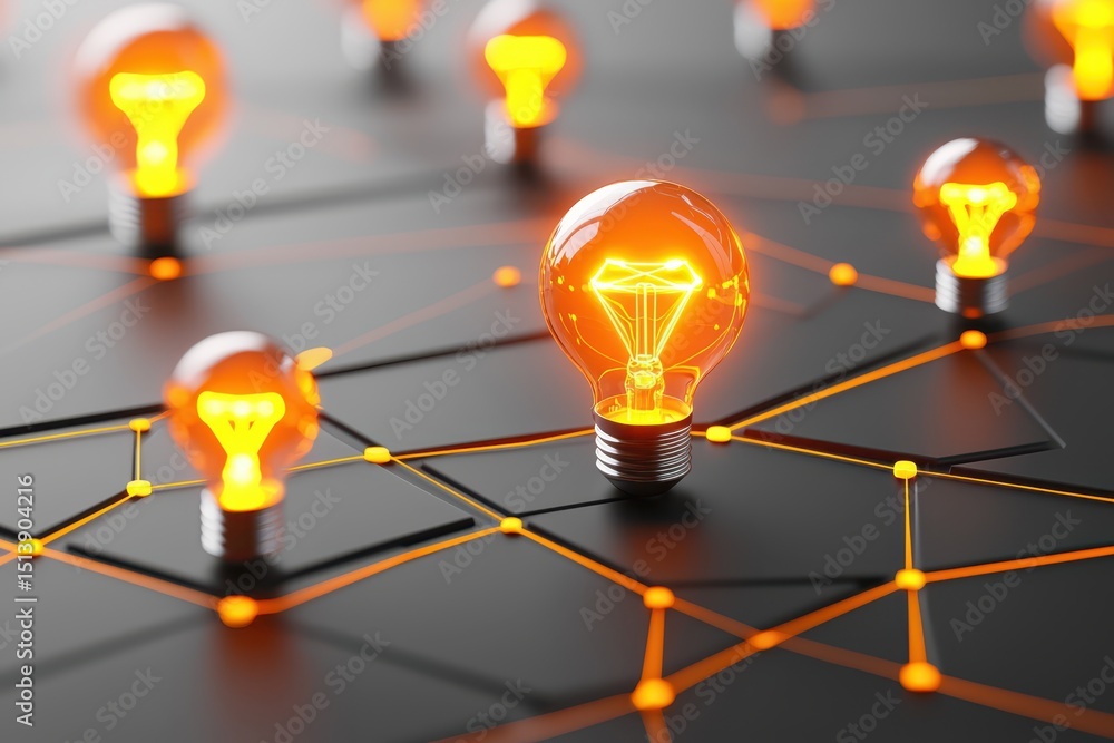 Poster business bright idea concept. illuminated light bulbs connected by a network of lines on a dark back