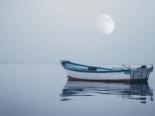 Minimalist fishing boats floating on calm water with full moon reflections, blue and gray tones, perfect for editorial or design use