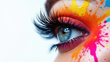 Vivid eye with bold eyelash extensions, colorful makeup design. Fashionable artistic paint splash, drops on face. Glamourous beauty, creative expression, editorial photo.