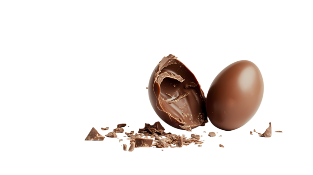 A chocolate egg broken open with chocolate shavings  in a studio shot isolated on transparent background