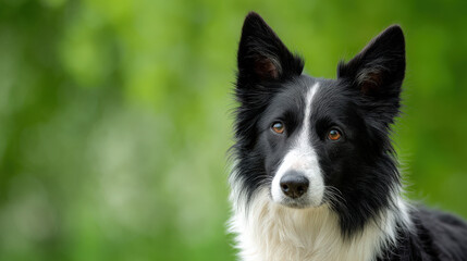 Fototapeta premium A border collie with a proud expression gazes confidently, its head tilted slightly to one side against a softly blurred green background
