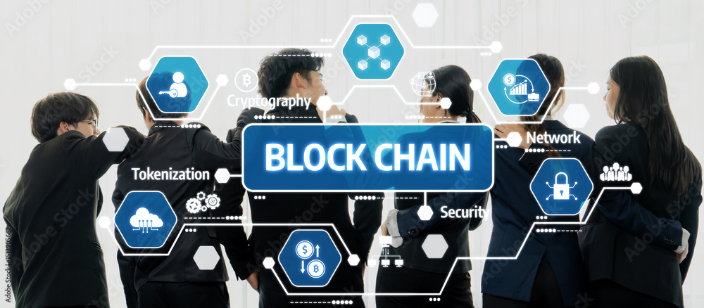 Poster business professionals discussing blockchain technology with graphics showcasing security, network, 