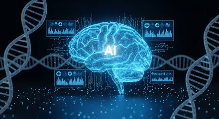 Digital representation of an artificial intelligence brain with data overlays