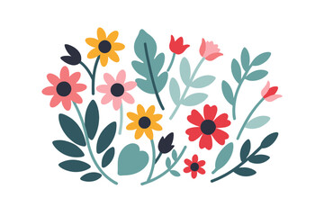 Colorful Floral Illustration with Pink, Red, and Yellow Flowers - Decorative Botanical Art for Spring and Summer - Nature Inspired Design on White Background