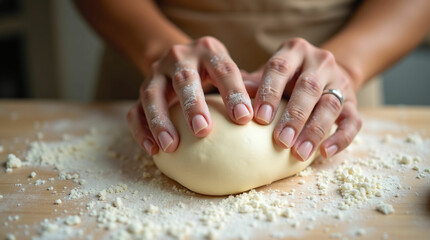 Fototapeta premium Expert Hands Skillfully Kneading Soft Dough for Freshly Baked Homemade Bread