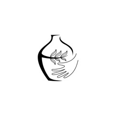 clay pottery logo with combination of hands and leaves in flat design style