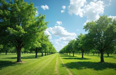 Obraz premium Alley of mature green trees in summer against blue sky with clouds. Landscape with trees in rows. Nature scenery in daylight. Fresh grass, path leads through grove.