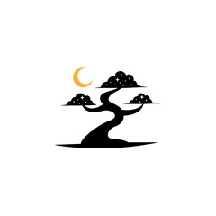 bonsai logo with cloud like leaves decorated with stars and crescent moon in flat design style