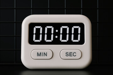 Minimalist digital timer with clean white frame and black display, showing zero minutes and seconds on kitchen countdown clock