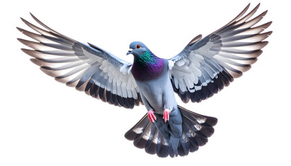 Fototapeta premium Graceful pigeon in flight with bluish-gray body and iridescent neck, displaying detailed gray/white wings and pink toes, on a white background. Emphasizes movement and freedom.