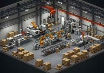Industrial factory interior, isometric view. Automated machinery, conveyor belts, and boxes