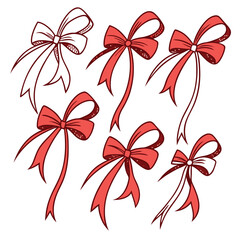 Obraz premium Elegant Red Ribbon Bows – Decorative Clipart Collection, Hand-Drawn Red Bows – Vector Set for Gifts & Crafts, Red Ribbon Bow Illustrations – Holiday & Celebration Design Elements.
