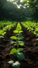 Emerging seedlings in a freshly tilled field.