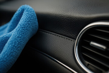 Detail view of car dashboard cleaning with blue microfiber cloth, black leather interior, close up maintenance concept