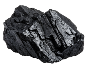 Raw black coal lump, showing rough texture. Symbolizes industrial energy and environmental concerns.
