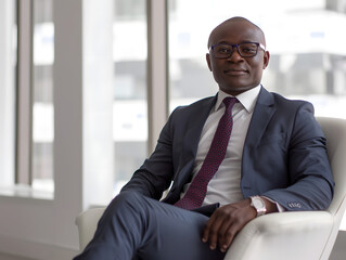 A mature and confident business executive in a formal suit sitting in a bright, modern office, exuding professionalism, leadership, and focus in a corporate environment.