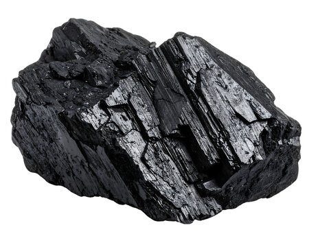 Raw black coal lump, showing rough texture. Symbolizes industrial energy and environmental concerns.