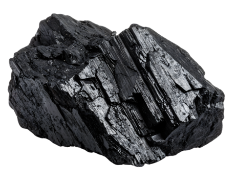 Raw black coal lump, showing rough texture. Symbolizes industrial energy and environmental concerns.