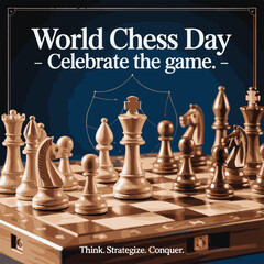 World Chess Day Celebration Banner &ndash; Abstract Chessboard Background with King and Queen Pieces.