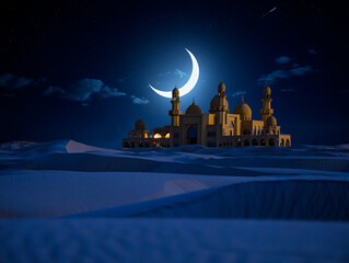 Ramadan kareem crescent moon and mosque islamic background eid mubarak concept