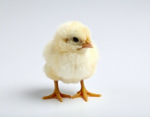 Obraz premium A fluffy yellow chick standing on a white surface looking slightly down with its tiny feet visible