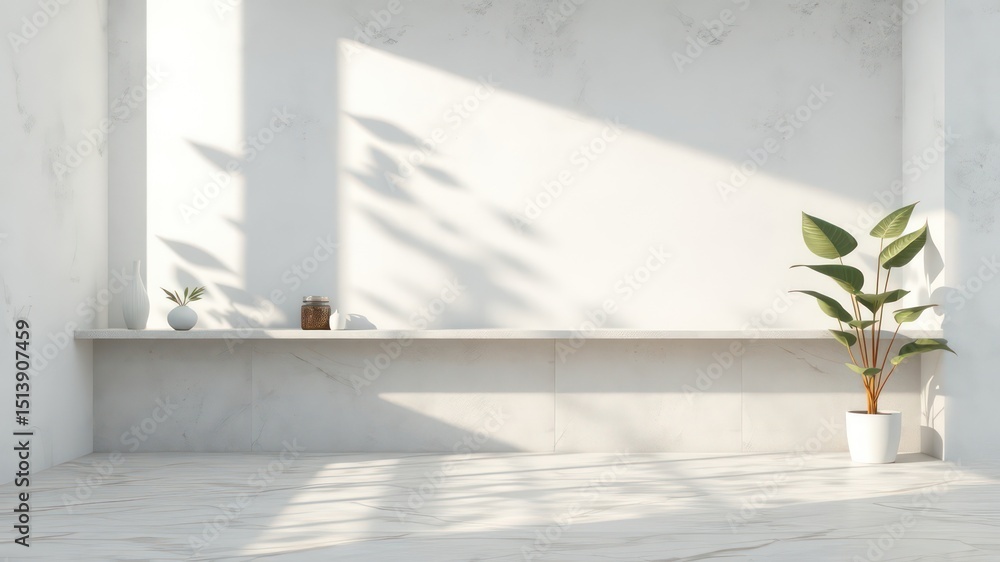 Poster bright sunlight creates a serene atmosphere in a minimal indoor setting with plants and decorative v