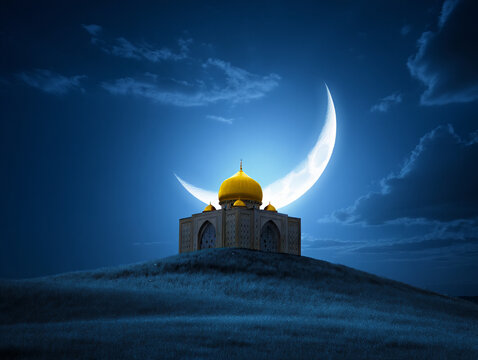 Ramadan kareem eid mubarak islamic background with mosque and crescent moon