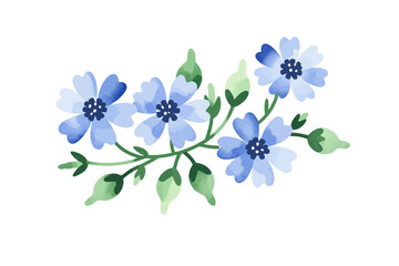 Watercolor Blue Flower Illustration - Delicate Floral Design with Green Leaves - Botanical Art for Invitations and Crafts - Isolated on White Background