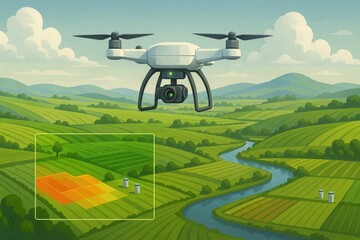 Thermal Groundwater Mapping Drone over Farmland – Panoramic Agriculture Technology Illustration

