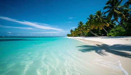 Fototapeta premium Tropical beach paradise with turquoise water and palm trees under a clear blue sky view scene