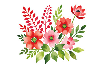 Watercolor Floral Bouquet Illustration - Elegant Red and Pink Flowers with Green Leaves - Delicate Hand Painted Floral Design for Invitations and Art Prints