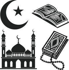 Elegant Black and White Islamic Symbol Set – Crescent, Mosque, Quran, Prayer Mat & Tasbih