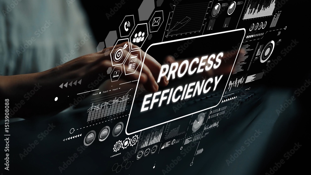 Poster hands typing on keyboard with graphic interface displaying process efficiency metrics and data analy