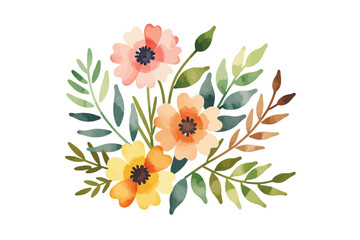 Watercolor Flower Bouquet Illustration - Delicate Floral Arrangement with Peach, Yellow, and Orange Blossoms - Artistic Botanical Design for Spring and Summer Projects