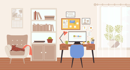 Fototapeta premium Cartoon Color Workplace with Desk, Armchair with Cat and Wardrobe Room Interior Inside Concept. Vector illustration
