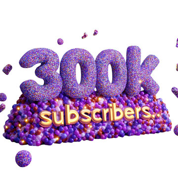 300k subscribers 3D typography, purple glittery milestone celebration text, social media follower achievement graphic, digital marketing congratulation asset