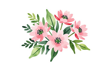 Fototapeta premium Watercolor Pink Flower Bouquet Illustration - Delicate Floral Arrangement with Green Leaves - Perfect for Wedding Invitations and Spring Designs