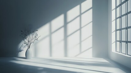 Fototapeta premium Sunlight casts shadows in a minimalist room.