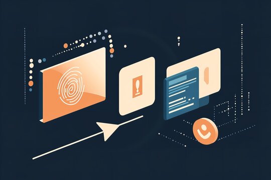 Futuristic Digital Identity Concept with Fingerprint, Binary Code, and Avatar Symbol, Featuring Arrow UI Element on Blue Background